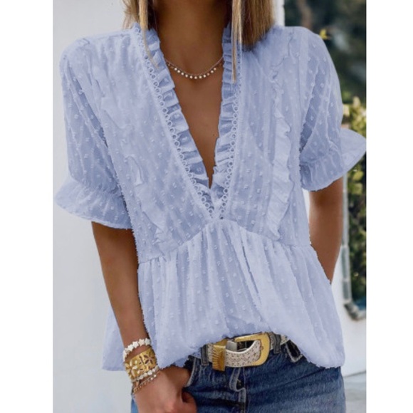 Tops - V-Neck Frill Hem Swiss Dot Top